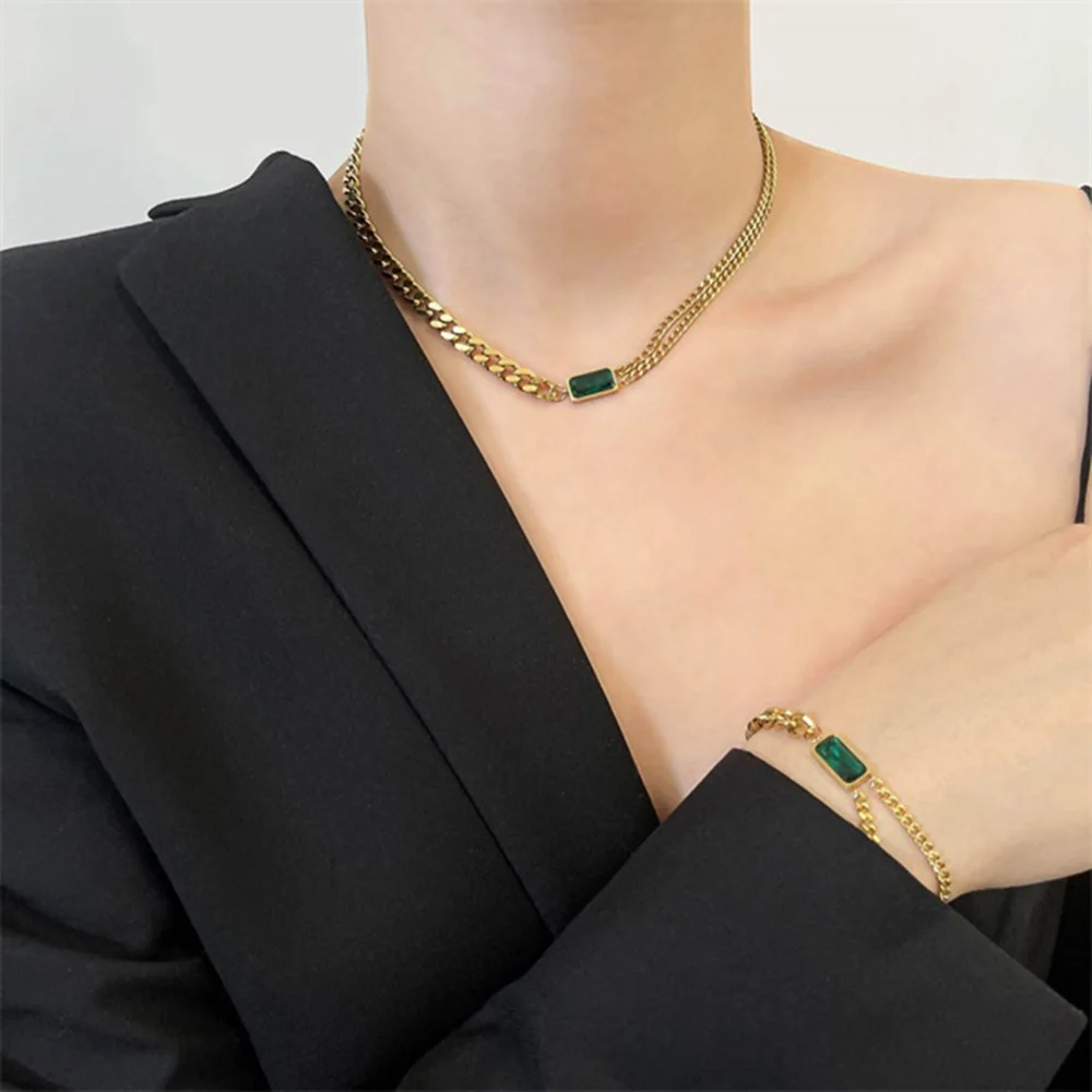 

RACHELZ Light Luxury Green Square Zircon Pendant Necklace Vintage Stainless Steel Emerald Crystal Choker For Women Jewelry Set