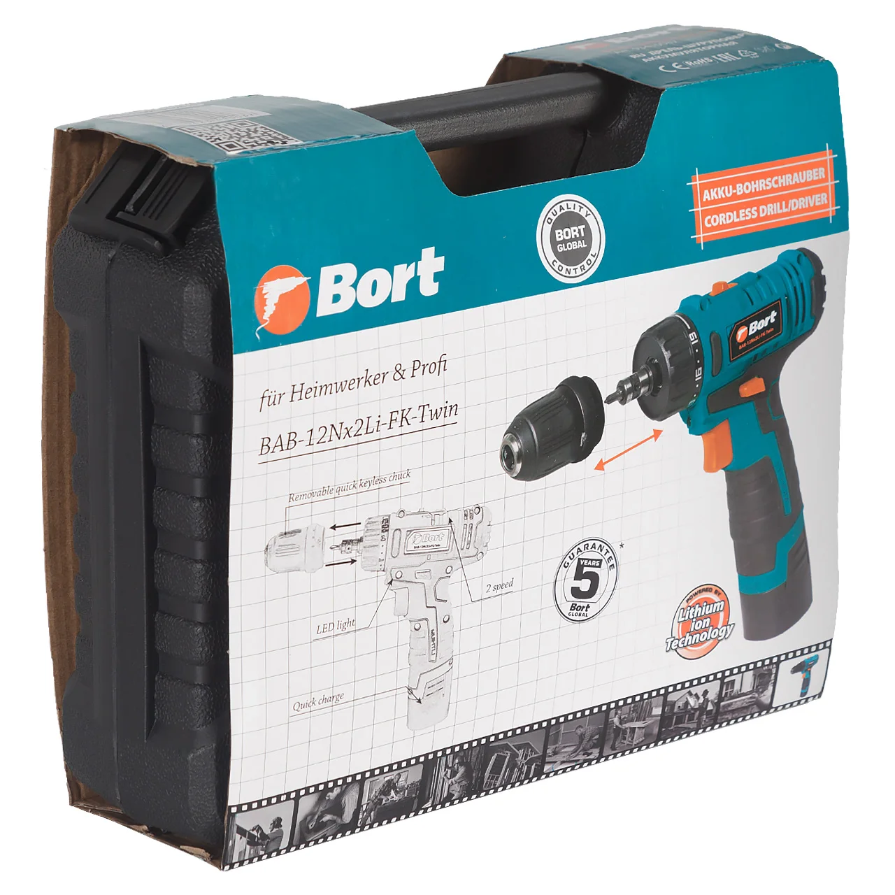 Дрель шуруповерт аккумуляторная Bort BAB 12Nx2Li FK Twin (Li ion аккумулятор 12 в 1 3А.ч съемный