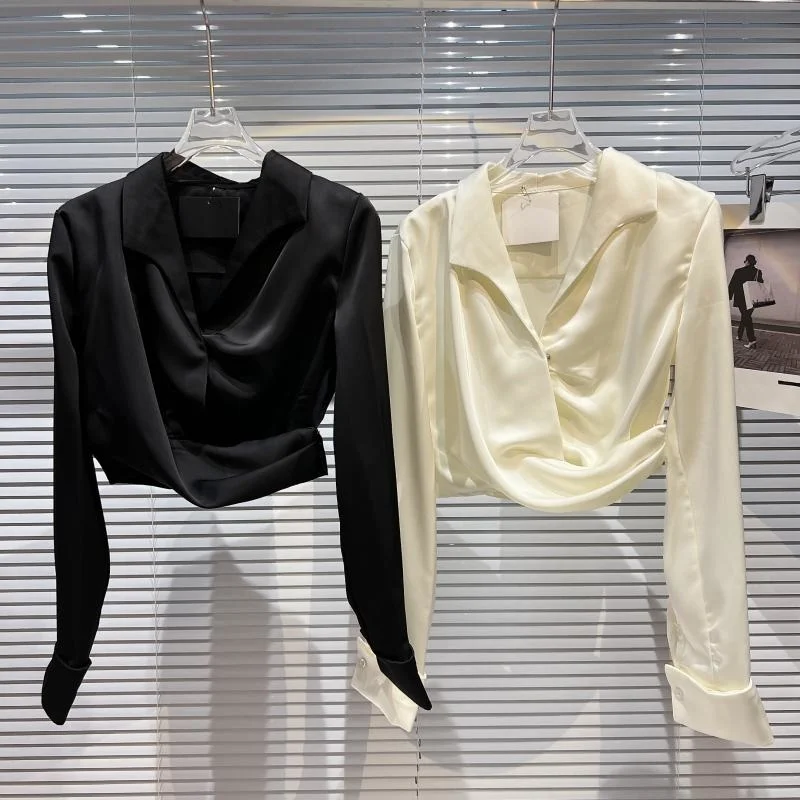 

2024 Autumn New Arrivals Long Sleeve V Neck Slim Blouse Women Short Top GF931