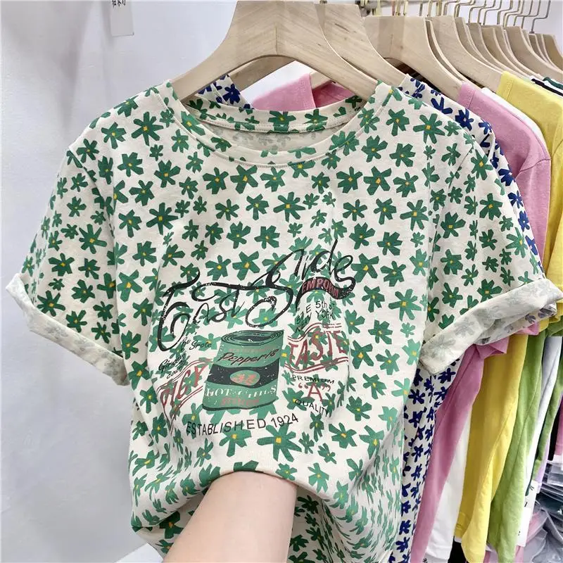 

Ins Korean Trend Lovely Boho Floral Graphic T Shirts Fashion Office Lady Kawaii O-neck Short Sleeve Summer Large 2XL Casual Tops