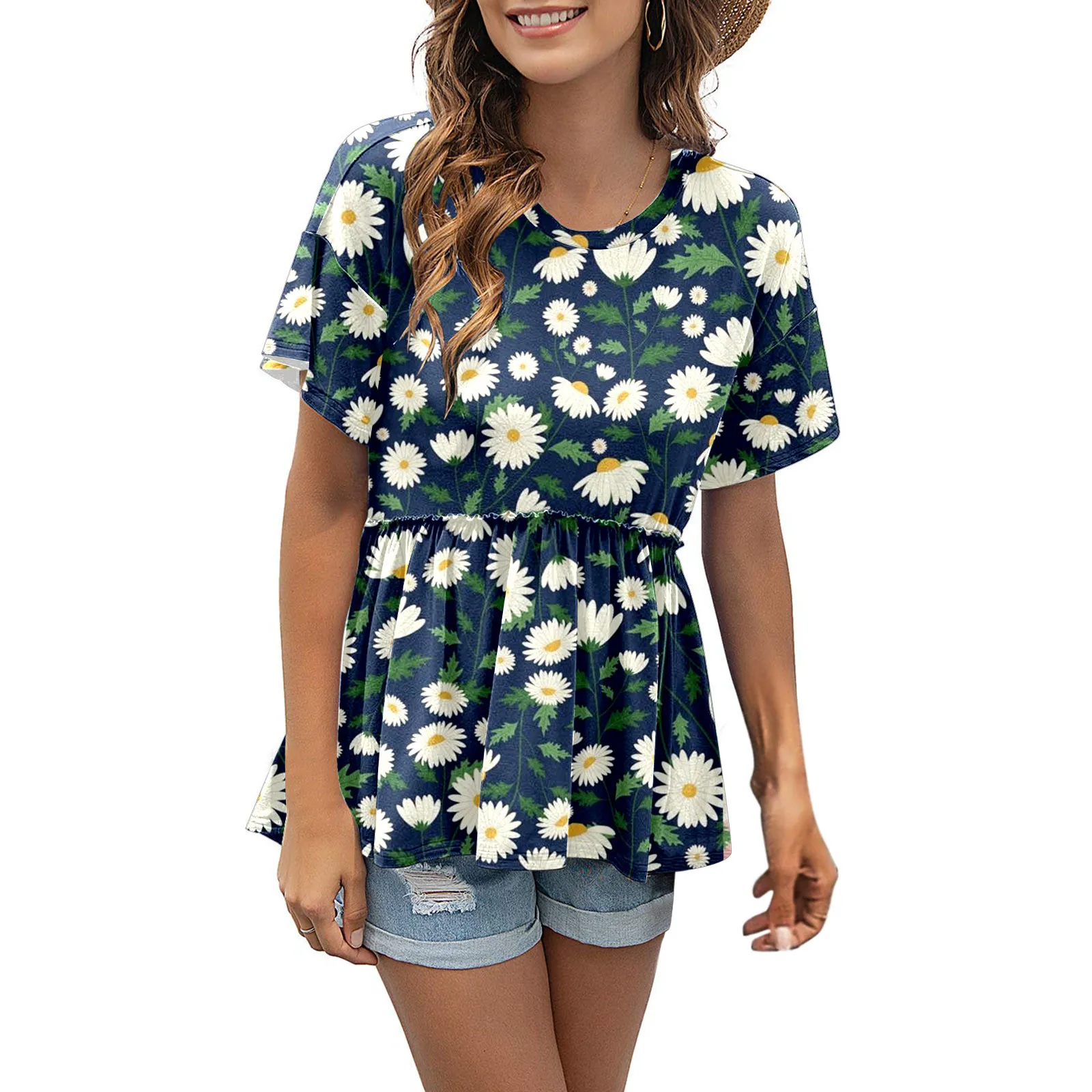 

Женская Повседневная Свободная блузка с оборками на Подоле и коротким рукавом