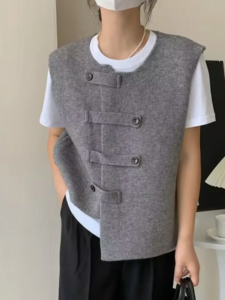 

Spring Autumn Women's Korean Fashion Loose Sleeveless Lace Up Double Breasted Chic Streetwear Woolen Vests Office Lady Waistcoat