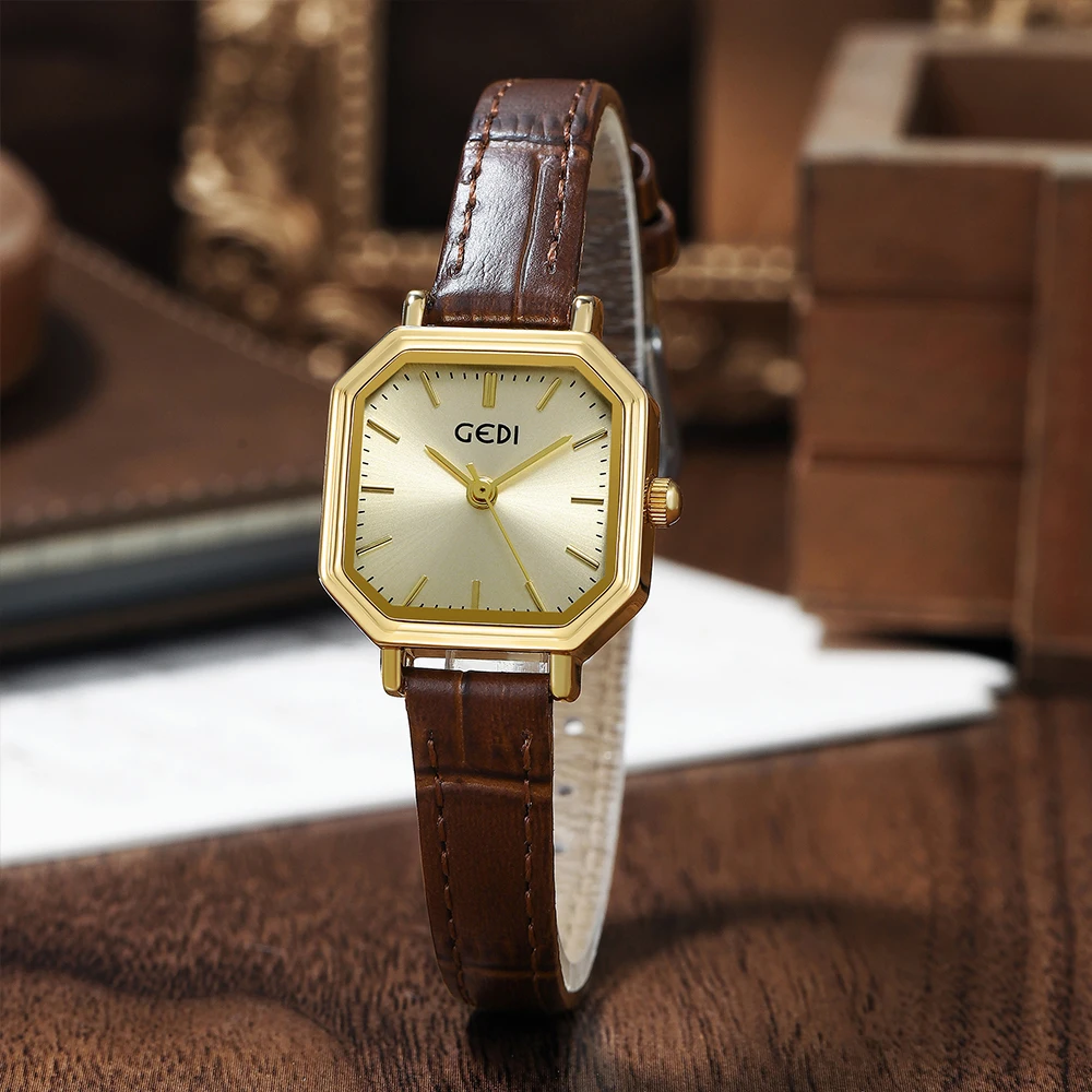 GEDI Classic Fashion Women Square Watches Luxury Brand Waterproof Ladies Quartz Wrist Watch Leather Strap Rose Gold Female Clock