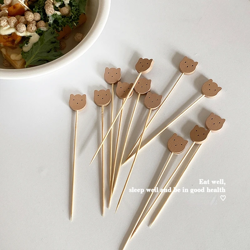 

100PCS Cute Decorative Toothpicks Bear Cocktail Sticks Fruit Skewers Party Buffet Decoration Bamboo Food Picks Sandwich Decor
