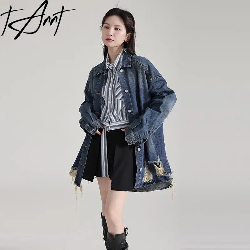 

Tannt Women Coat Asymmetry Tassels Holes Long Blue Denim Jacket Coat Fashion Loose Oversize Winter Jeans Jacket Women 2023 New