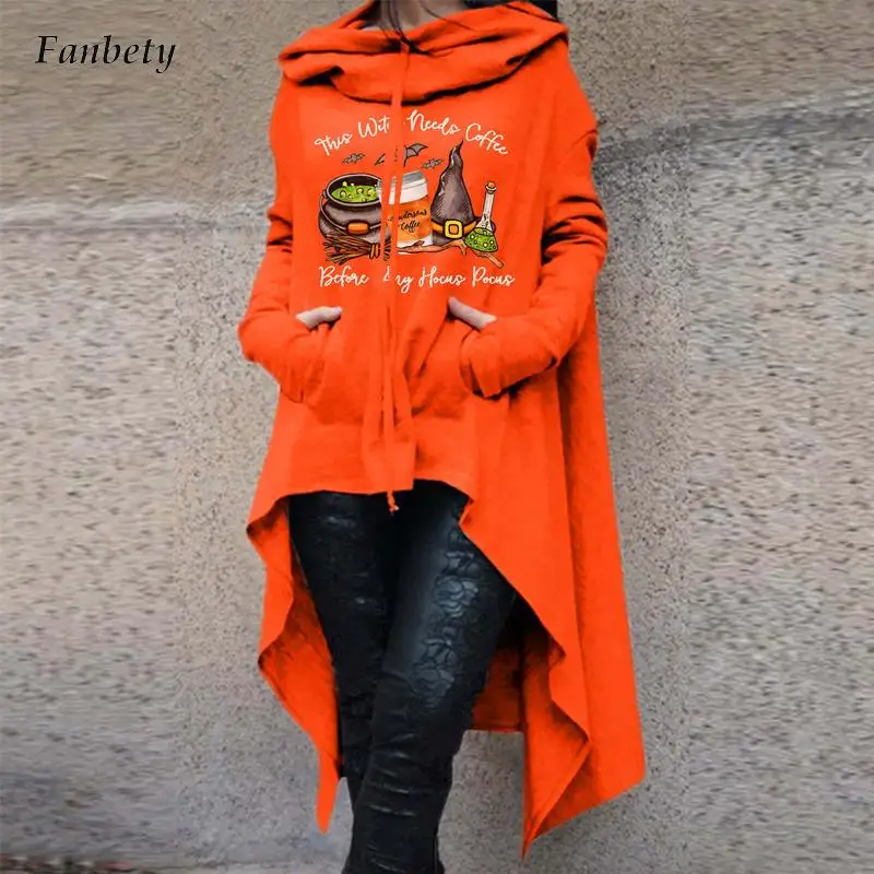 

Elegant Halloween Print Irregular Hooded Lady Casual Long Sleeve Pocket Sweatshirt Fall Winter Fashion Drawstring Loose Pullover