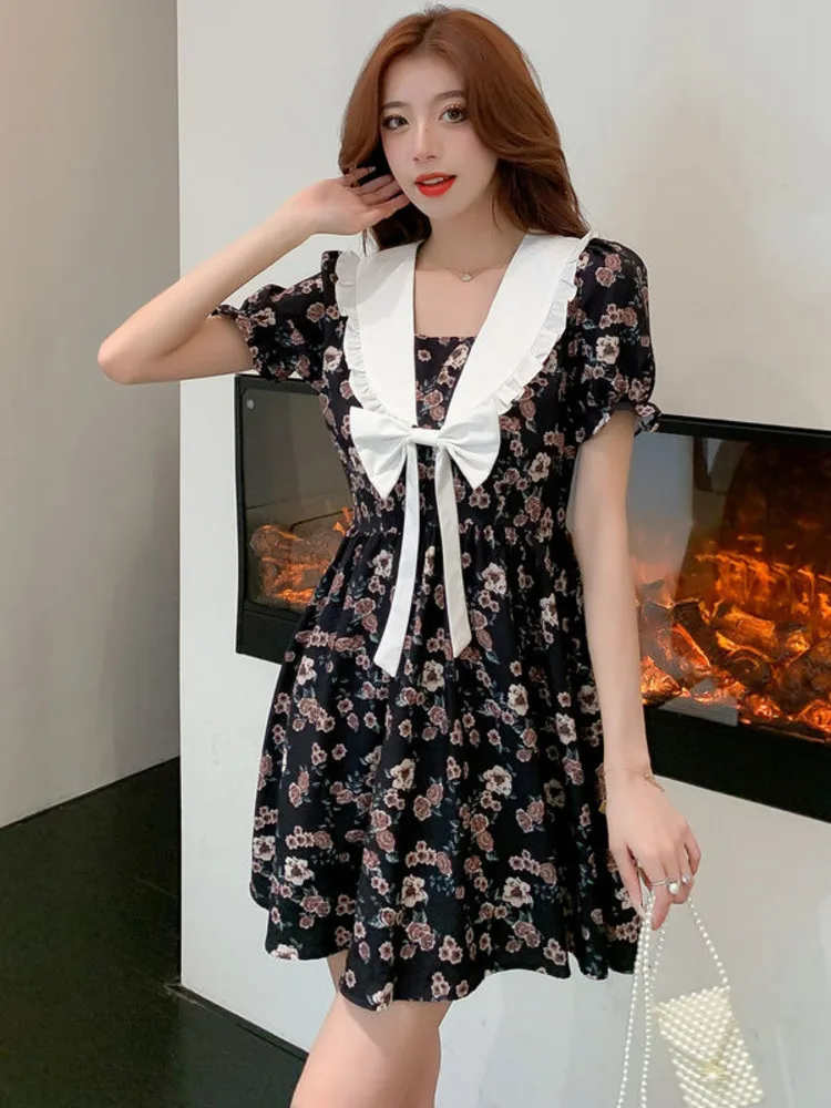 

Floral Printed Dress 2022 Summer White Bow Patchwork Vintage Dress For Party Club Women Short Sleeve Casual Mini Dress