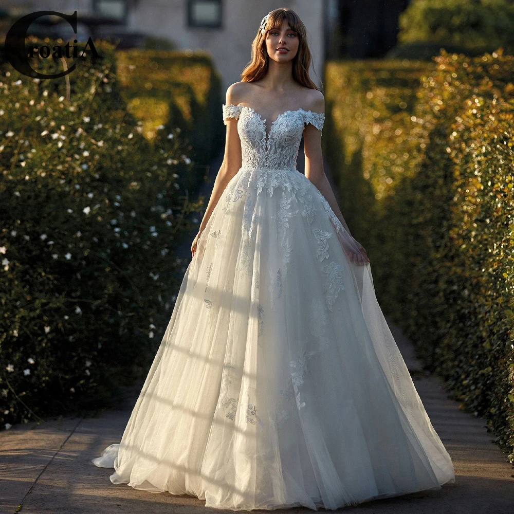 

Свадебное платье Croadia на молнии с открытыми плечами для невесты, с аппликацией и V-образным вырезом, со съемным шлейфом, ТРАПЕЦИЕВИДНОЕ Тюлевое платье
