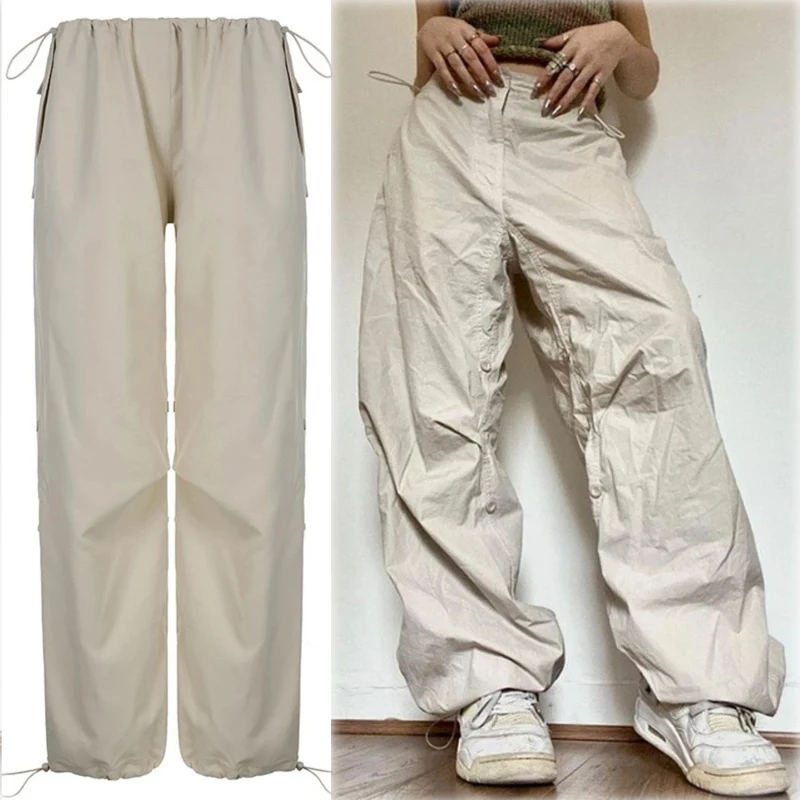 Women Y2K Cargo Pants Solid Low Waist Sweatpants Drawstring Wide Leg Baggy Trousers 2023 Summer Streetwear Punk Casual Tech Pant