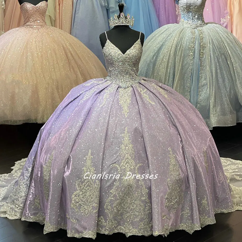 

Сиреневое кружевное платье Quinceanera на бретелях-спагетти с аппликацией, бальное платье с блестящими бусинами и кристаллами, милое празднично...