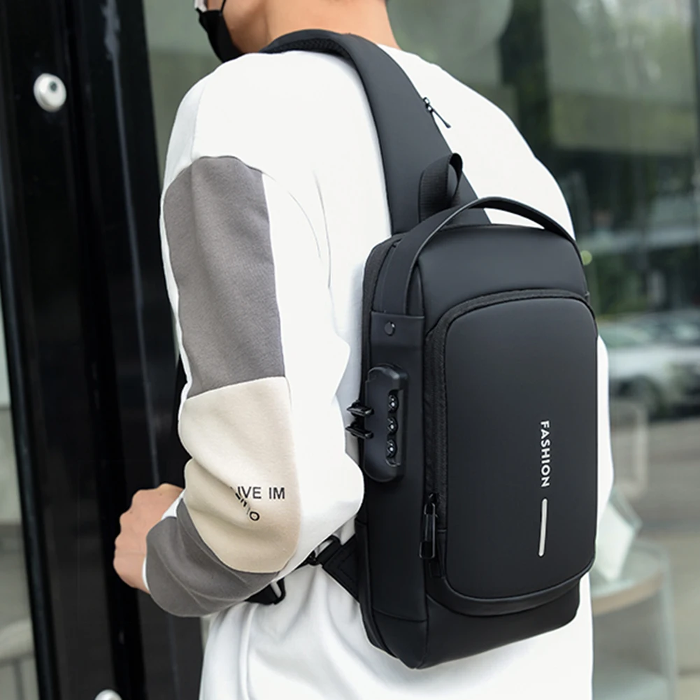 Fashion Men Chest Bag Waterproof Men Crossbody Bag Anti-theft Tape Bag with USB Charging Port Patent Leather Shoulder Sling Bags