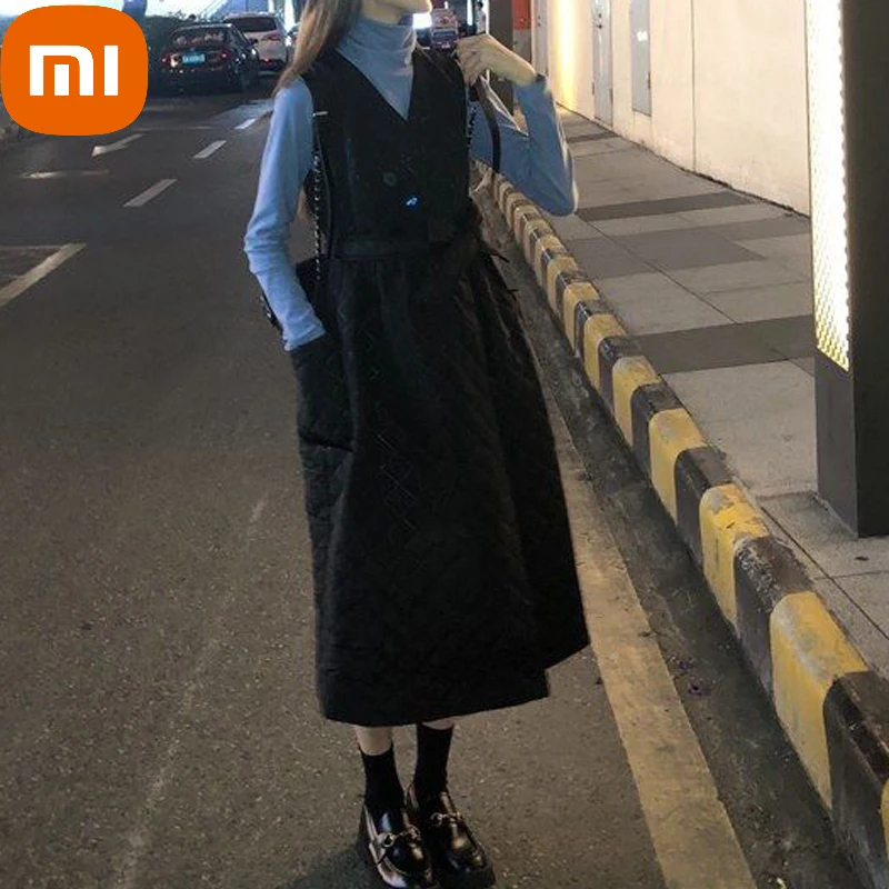 

Xiaomi Women New V neck Rhombus quilting padded sleeveless dress warm winter streetwear parkas waistcoat dress