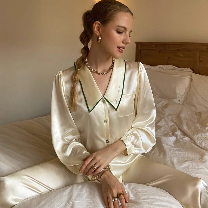 luxury women's pajamas set solid turn down collar ladies satin sleepwear spring summer silk pijama suit homewear for female