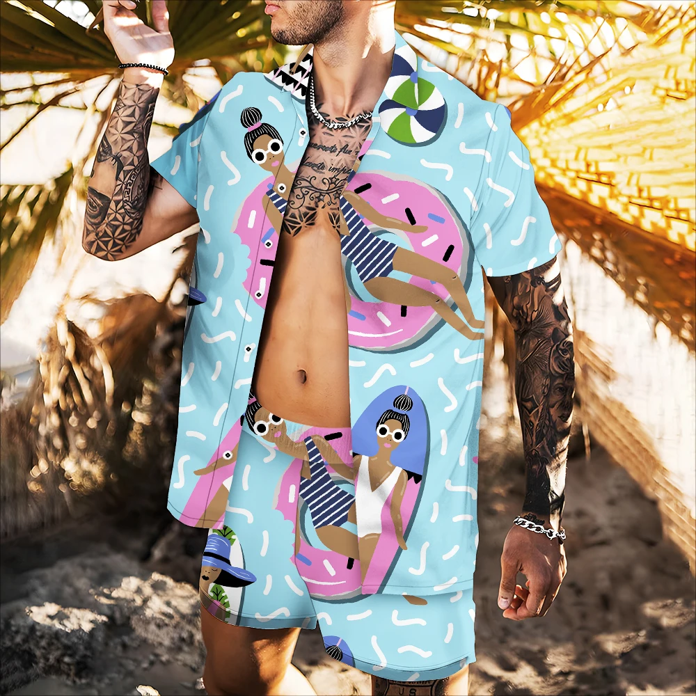 

New Designer Men Hawaiian Shirt Short Sleeve 2 Piece Suit Button Shirt Beach Shorts Summer Men Set Streetwear Casual Holiday
