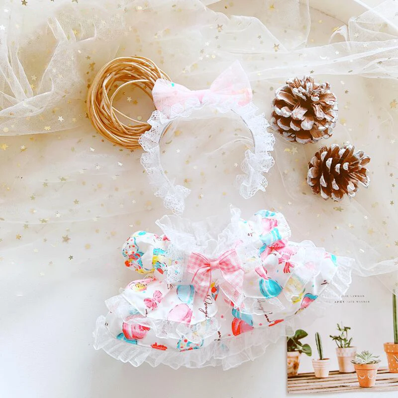 

20cm baby Star Doll Clothes Macaron Floral Dress With Bow headband Stuff Doll Accessories Korea Kpop EXO idol Dolls DIY Gift