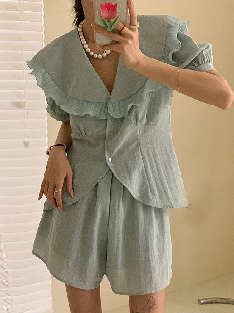 

Женская блузка с широкими штанинами, Корейская шикарная летняя рубашка с большими лацканами и пышными рукавами, широкие шорты с высокой тал...