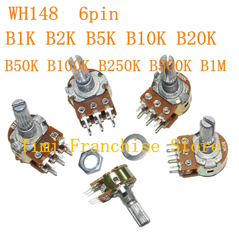 10 комплектов вращающийся потенциометр WH148 B1K B2K B5K B10K B20K B50K B100K B250K B500K B1M ohm 6Pin 20 мм 10K 3