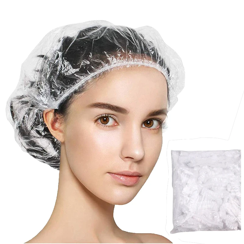 

100pcs Disposable Shower Cap Plastic Waterproof Headgear Hotel Hair Dye Shower Cap Transparent Plastic Beauty Salon Cap Cling