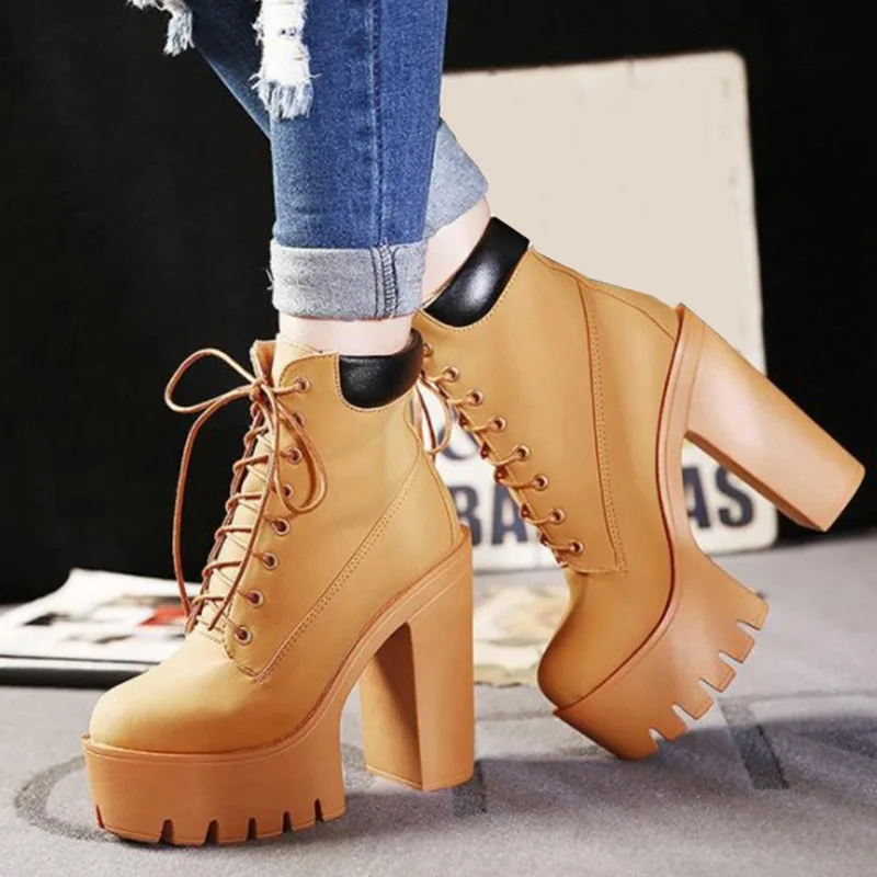 

Women Autumn Lace Up Thick High Heel Shoes Casual Footwear