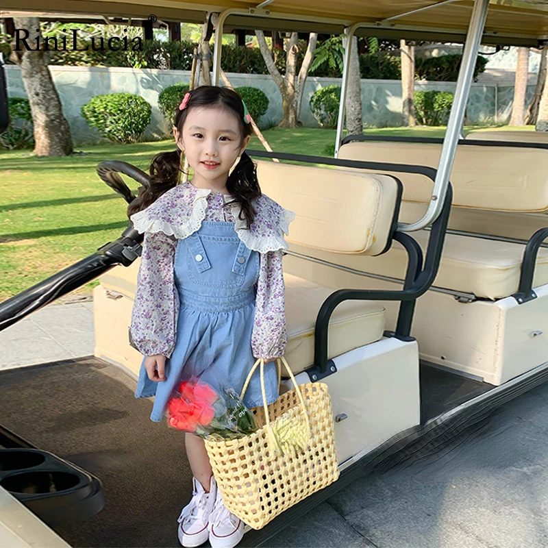 

RiniLucia Autumn Baby Girls Clothing Sets Long Sleeve Floral Lace Shirts Denim Dress 2Pcs Girls Outfits Children Clothes Set