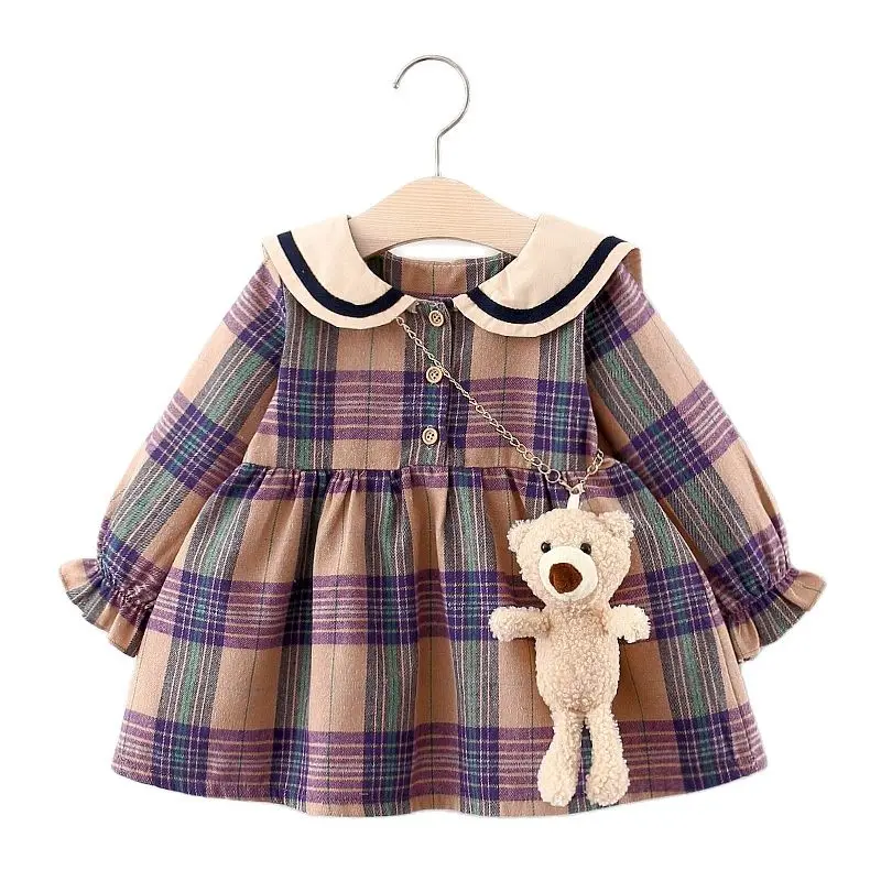 

Newborn girls' fashionable big plaid baby collar baby clothes, girls' spring and autumn classic dresses 0-4 years old MIMITZ