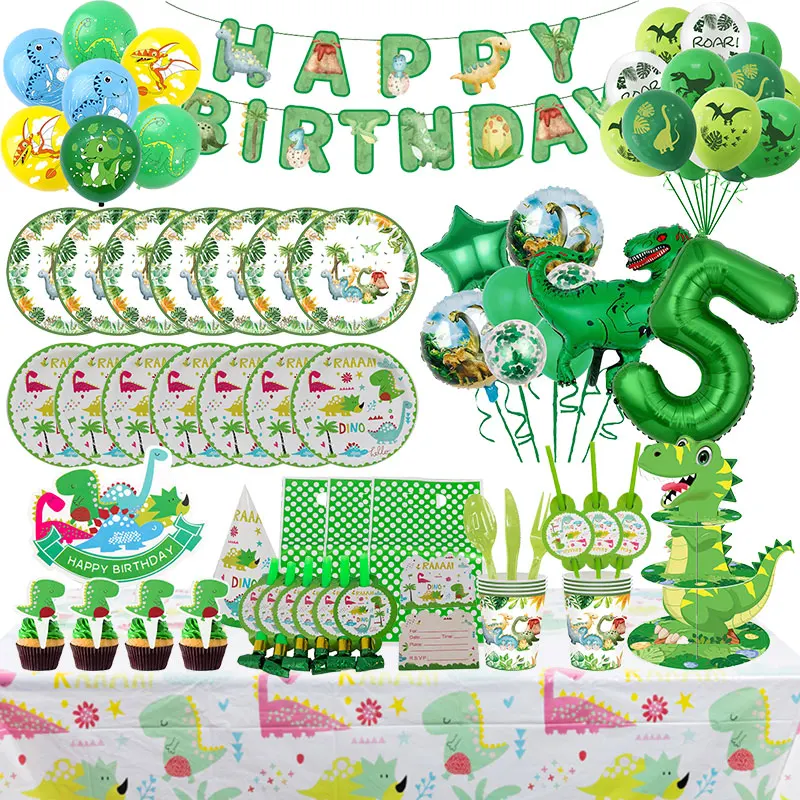 Украшения для дня рождения в виде динозавра комплект деко зеленые бумажные