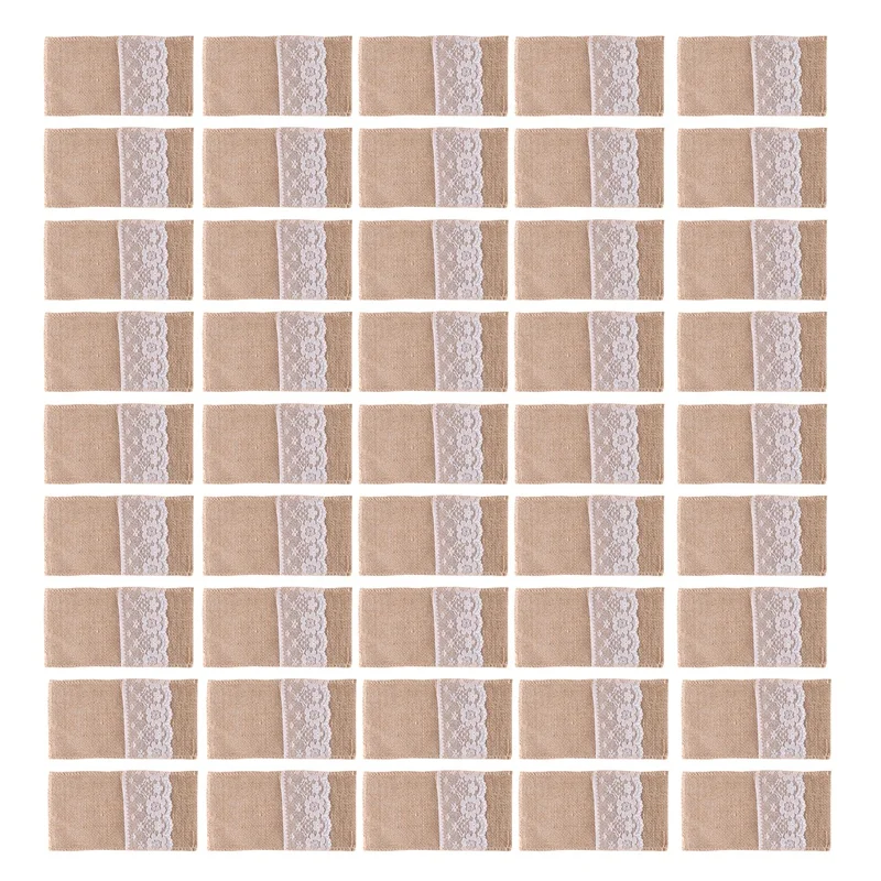 100Pc Burlap Lace Cutlery Pouch Rustic Wedding Tableware Knife Fork Holder Bag Hessian Jute Table Decoration Accessories