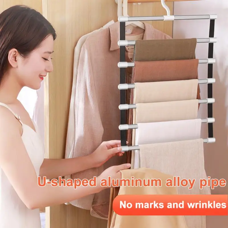 

Newest Fashion 6/8 Layers Pant Rack Hanger Shelves Alloy Aluminium Clothes Hangers Multi-functional Wardrobe Organizer 2022