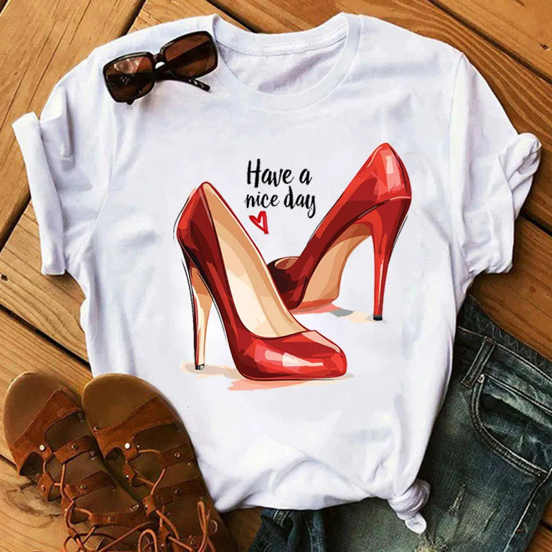 

Fashion Woman T-shirt High Heeled Shoes Print Short Sleeve Tops Casual Sexy White T Shirt Summer Harajuku Female Thin Tees 2023