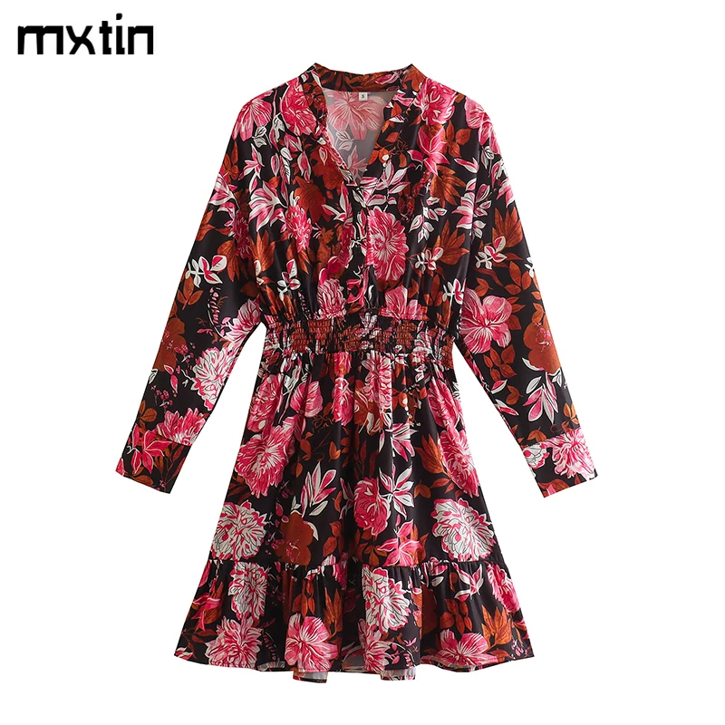 

Women Spring Fashion Floral Print Single Breasted Mini Dress Vintage V-Neck Long Sleeve Elastic Waist Party Female Chic Dresses
