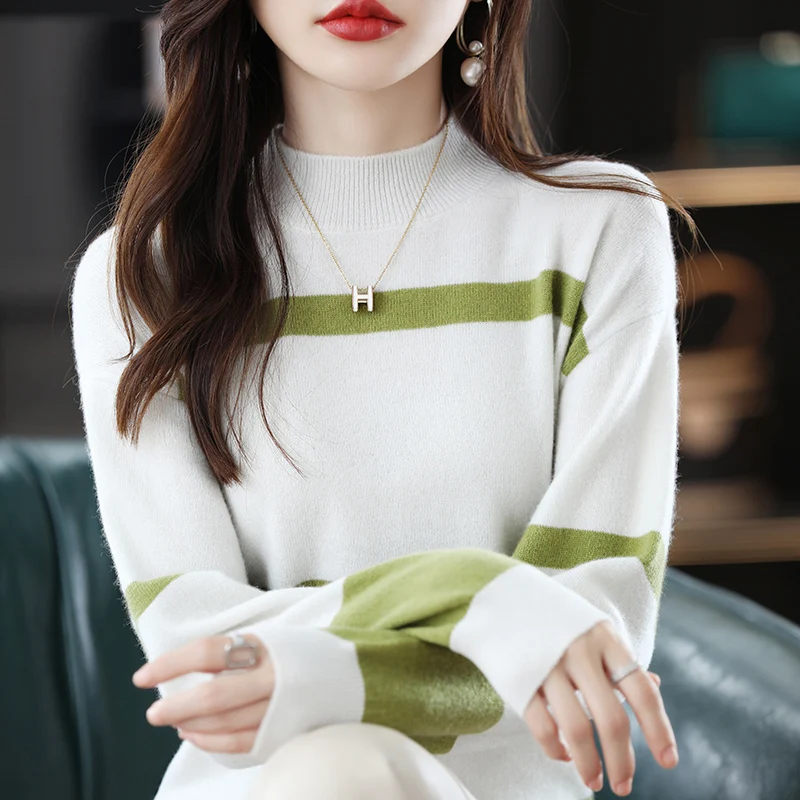 Autumn And Winter New 100% Pure Wool Ladies Mid-High Collar Stitching Pullover Sweater Casual Knitted Sweater Fashion Warm Base