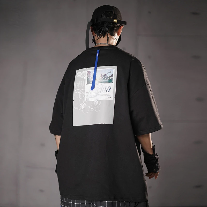 

Футболка мужская с лентой и коротким рукавом, функциональная свободная хлопковая уличная одежда с круглым вырезом, хип-хоп в стиле Харадзюк...