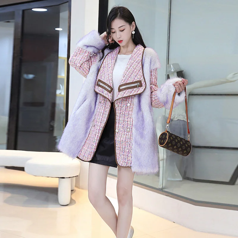 2022 New Senior Sense Autumn Winter Imitation Fur Coats Women Long Young Small Incense Wind Hair Stitching Fashion Coat Female