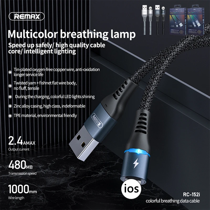 

USB-кабель Remax 2,4 А для iPhone 12, 11 Pro Max, X, XR, XS, 8, 7, 6s, 6, iPad