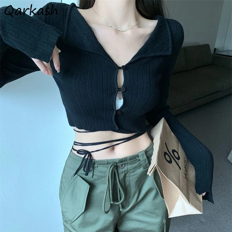 

Cropped Cardigans Women Skinny Sexy V-neck Knitwear Bandage Y2k Fashion Vintage Hotsweet College Streetwear Pure Spring Sueters