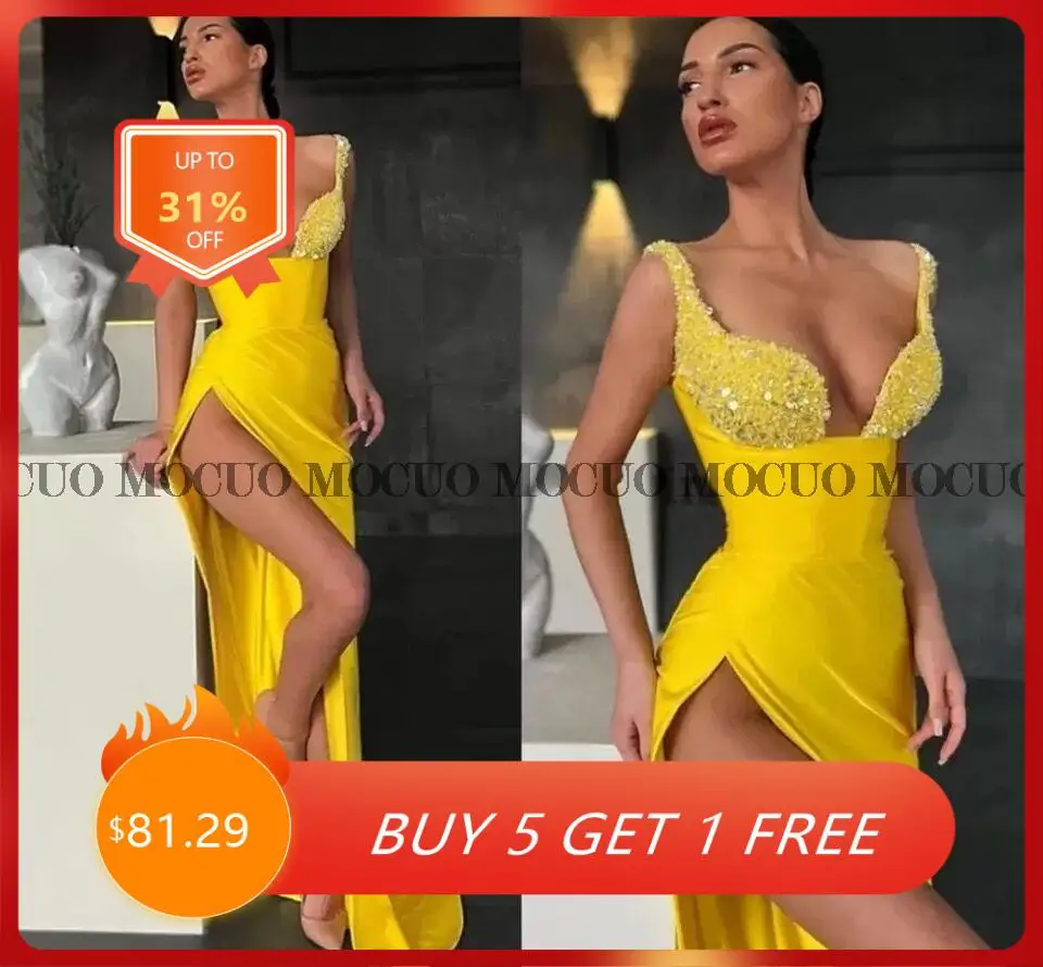 

Соблазнительные атласные вечерние платья с блестками, желтые вечерние платья с высоким разрезом и бусинами, платья для выпускного вечера ...