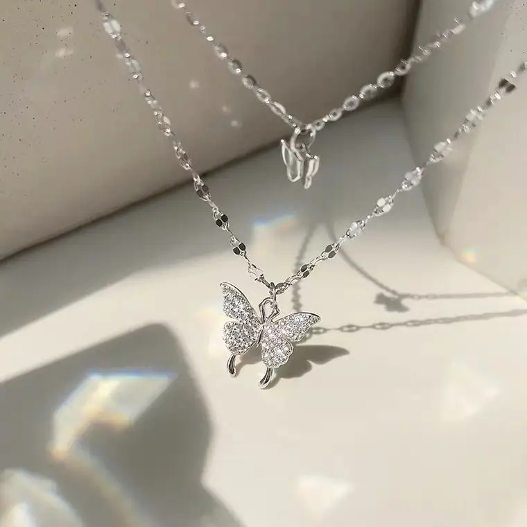 

S999 Sterling Silver Double-layer Butterfly Necklace, Female Minority, Sterling Silver, Folded Collarbone Chain