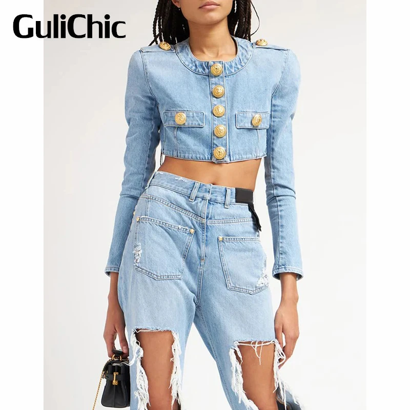

8.22 GuliChic Women Fashion Epaulet Design Shoulder Pads Single Breasted Short Washed Denim Coat