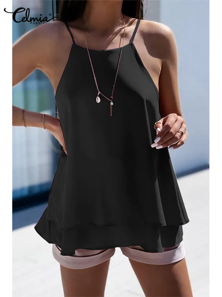 

Women Casual Summer Camis Celmia Leisure Loose Layered Tanks Tops Sexy Sleeveless Solid Color Camisole Ladies Fashion Thin Tunic