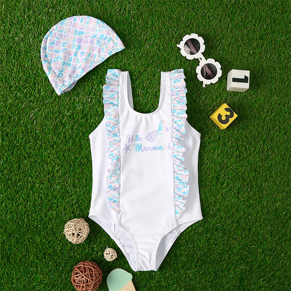 

Плотные детские купальники, Однотонная юбка, купальник, Пляжное бикини с цветочным дизайном, цельный купальный костюм + шапочка для детей