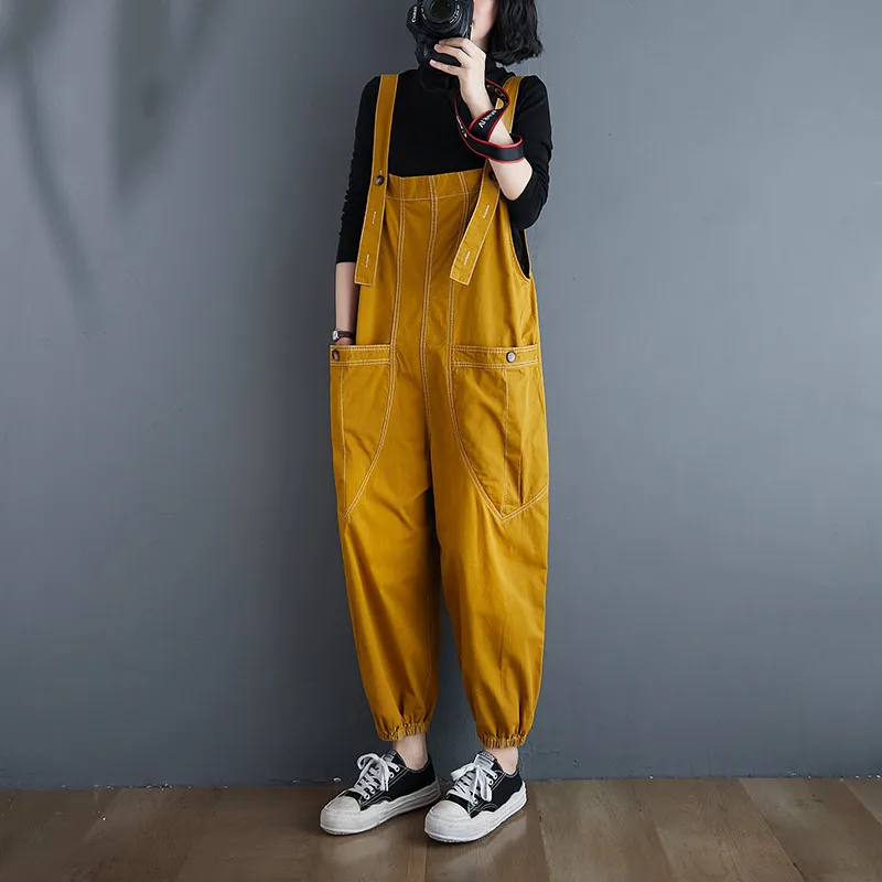 

Spring Autumn New Fashion Women Jumpsuit Black Yellow Suspenders Casual Loose Pockets Nine Points Rompers Female Overalls H2896