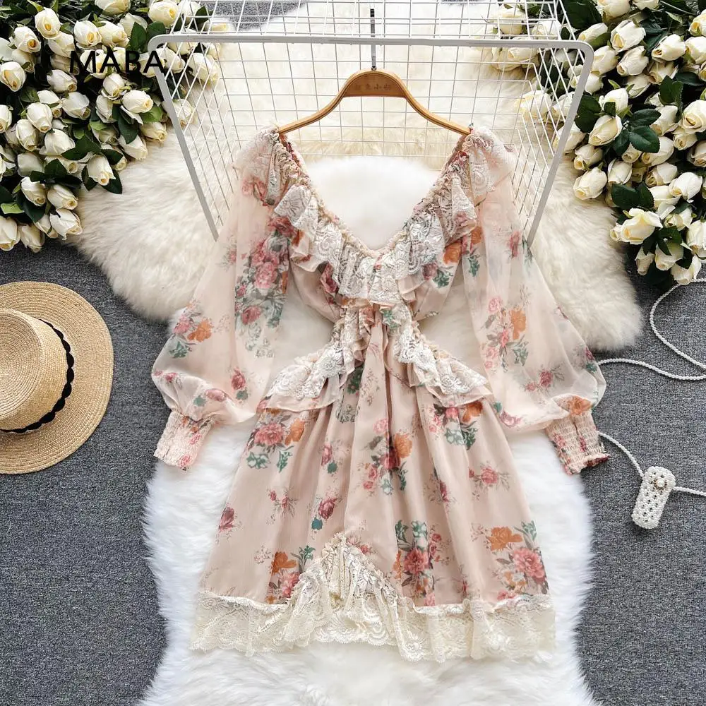 

Fashion Designer Patchwork Lace Sexy Mini Dress Women Spring Summer V-neck Lane Sleeve Hollow Out Party Club Fashion Dress Femme