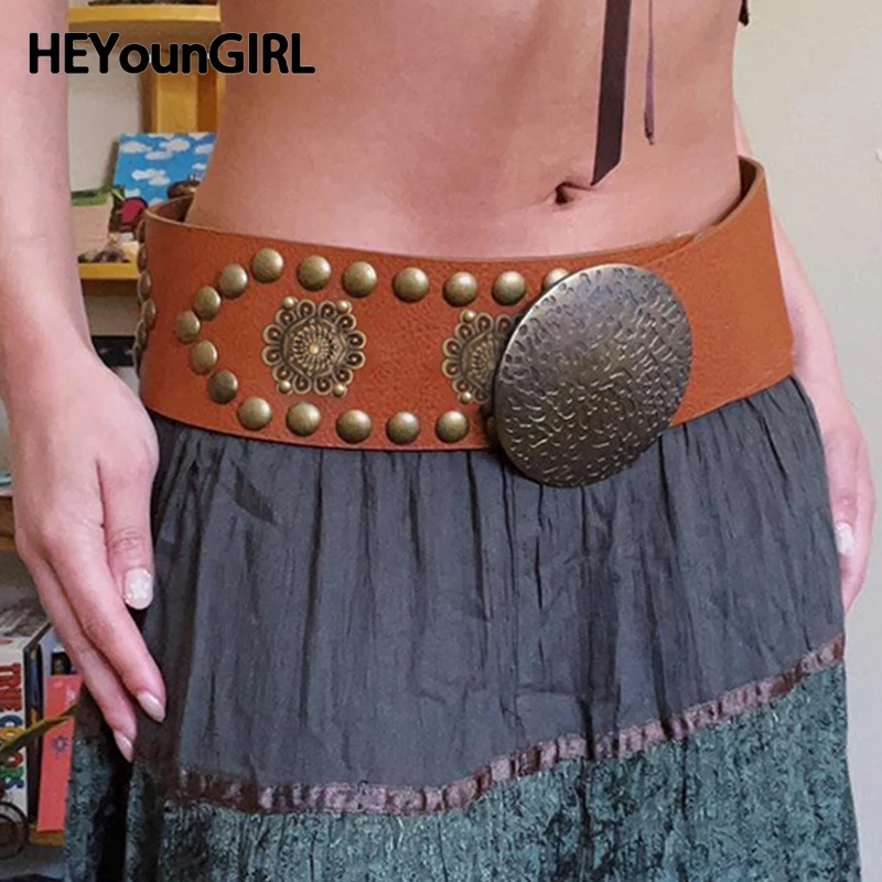 

HEYounGIRL Vintage PU Women Belt Ethnic Style Fashion Y2K Belt Waistband Skirt Accessories Rivet Detail Metal Buckle Belt Lady