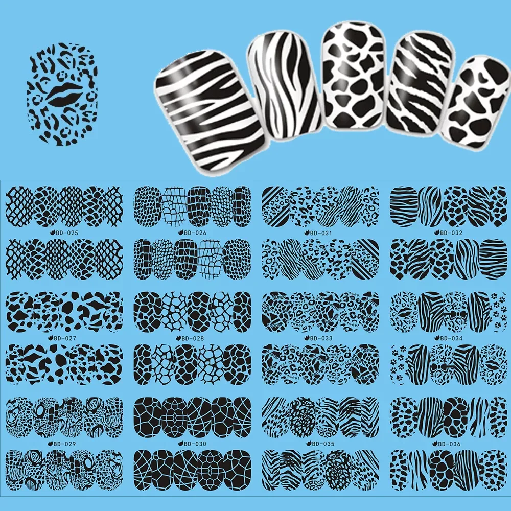 

12pcs/lot Leopard Print Water Transfer Nail Art Sticker Mix Animals Full Wraps Black Lace Nail Art Decorations Decal JIBD025-036