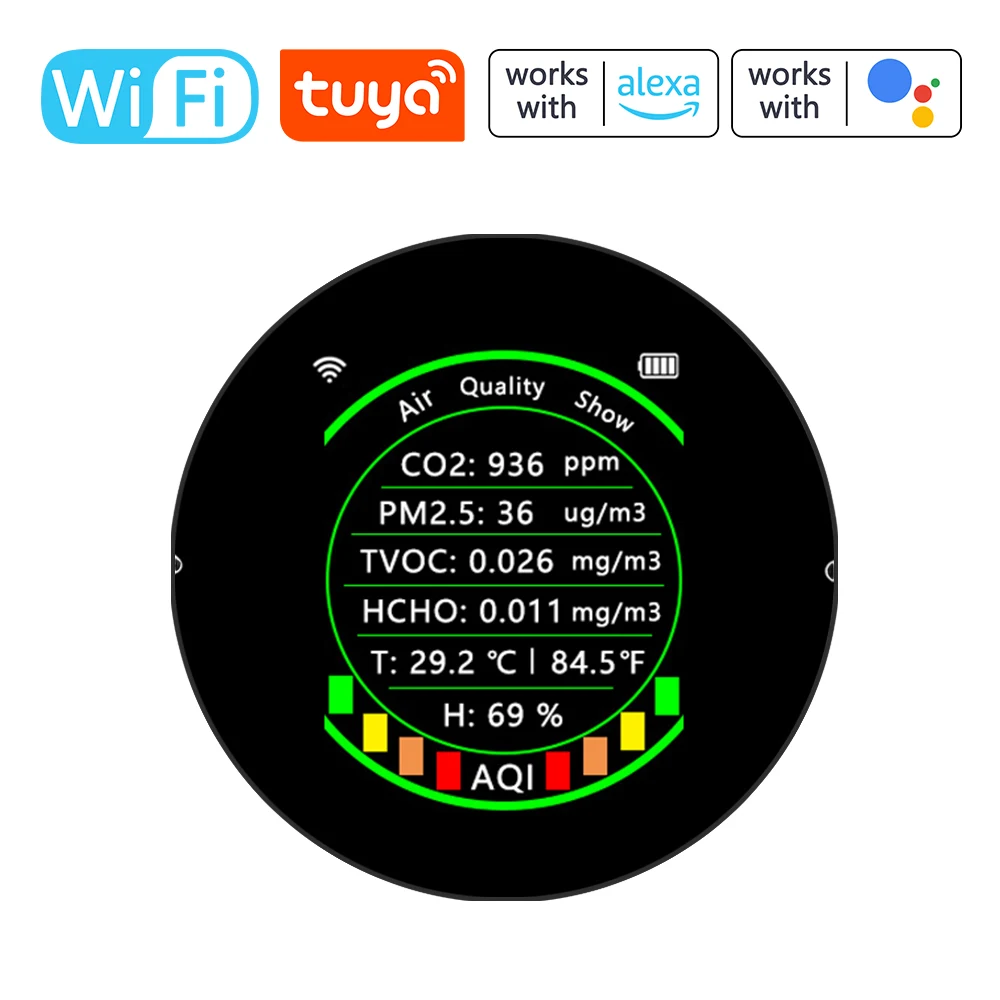 

Датчик качества воздуха Tuya Wi-Fi 7 в 1, измеритель температуры и влажности PM2.5 CO2 TVOC HCHO AQI, детектор диоксида углерода с цветным дисплеем