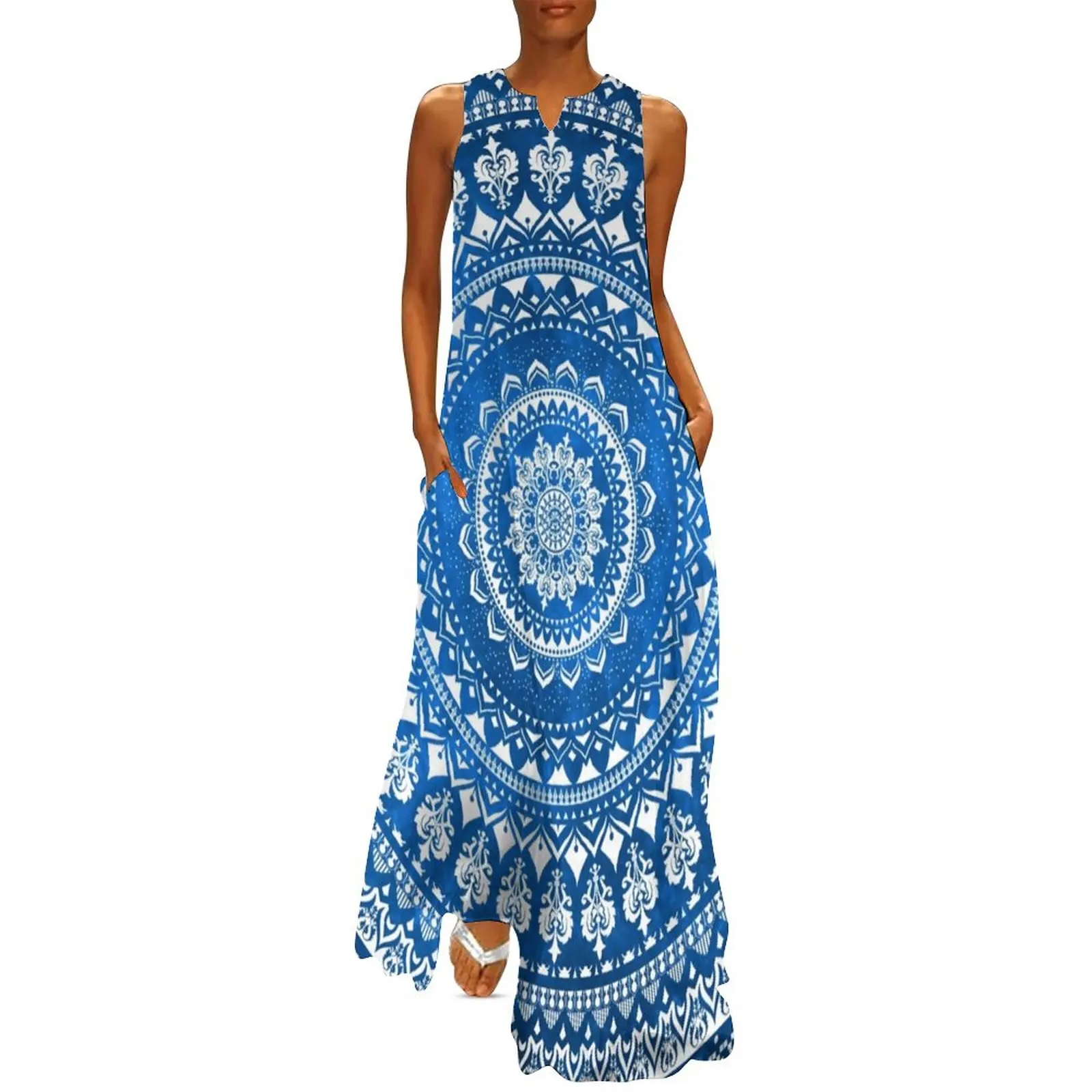 

Blue Mandala Print Dress Vintage Floral Cute Maxi Dress Street Style Casual Long Dresses Women V Neck Print Oversized Clothes