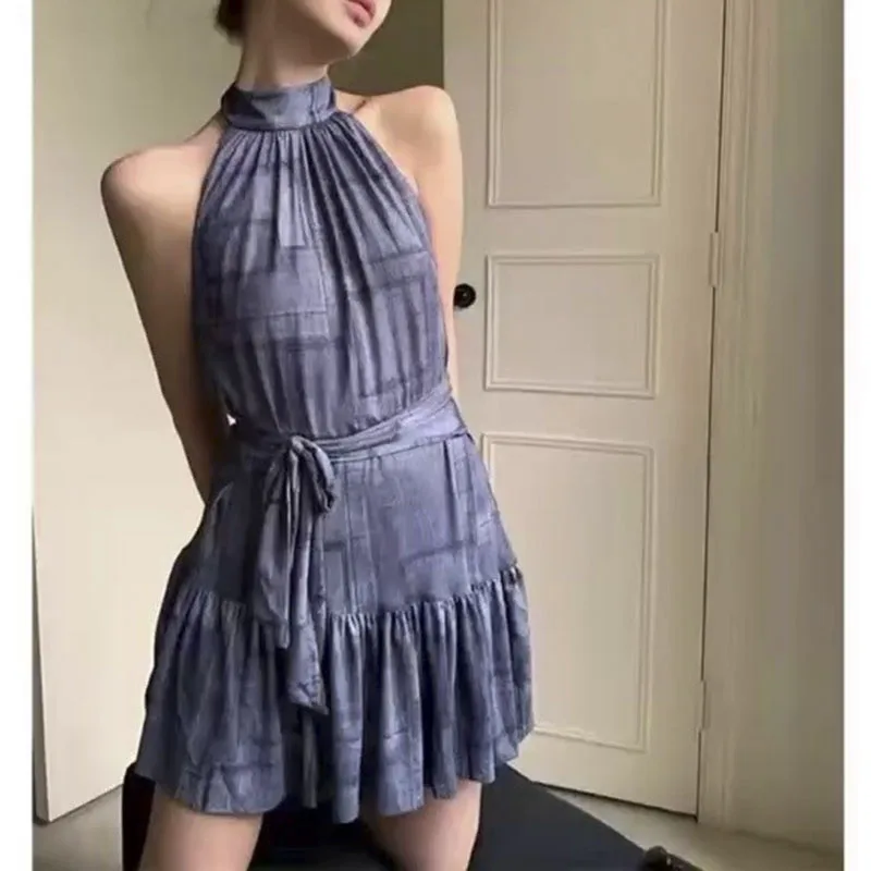 

Summer 2023 Halter Dress Ruffles Textured Belted Layered Hem Dress Backless Beach Sexy Dresses