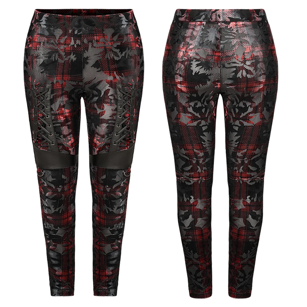 PUNKRAVE Women's Leggins Gothic Dark Silhouette Vase Velvet Leggings Daily Wear Imitation Leather Splicing Skinny Trousers