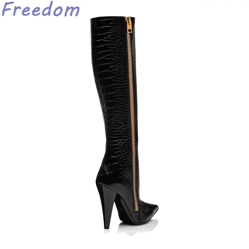 Черные сапоги до бедра из воловьей кожи с острым носком конический каблук
