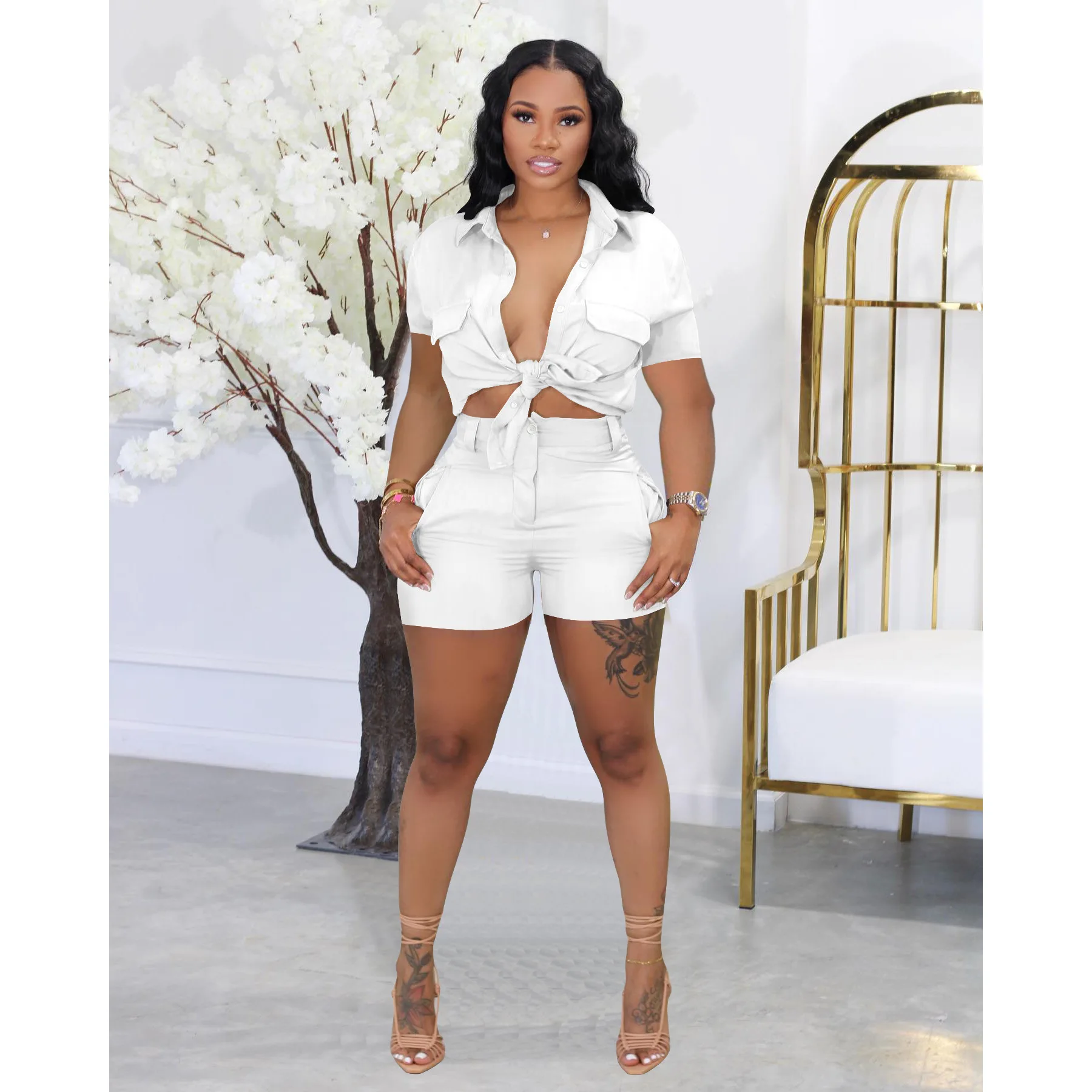 

Summertime Fashion Women Casual Solid Color Shirt Buckle Lapel Short-Sleeved Shorts Two-Piece Set Street Hipster